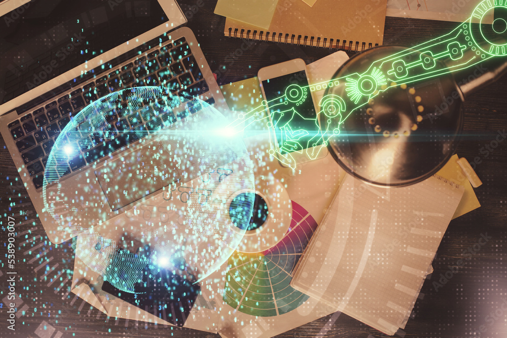 Poster Multi exposure of data theme drawing hologram over topview work desk background with computer. Concept of technology.