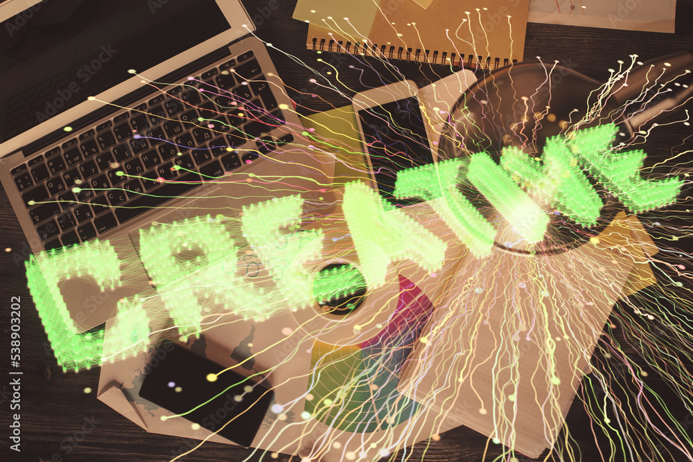 Poster Start up theme drawing over computer on the desktop background. Top view. Double exposure. Brainstorm concept.