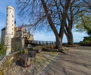 Lichtenstein Castle on mountain top in summer, Germany, Europe. This famous castle is landmark of...
