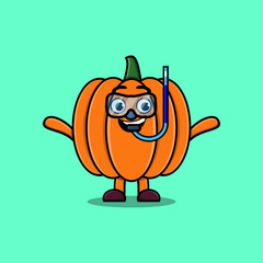 Cute cartoon Pumpkin diver with swimming glass in flat modern style design