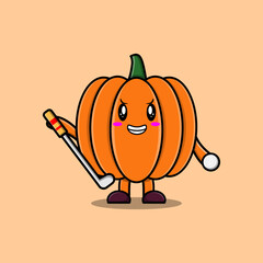 Cute cartoon Pumpkin character playing golf in concept flat cartoon style illustration