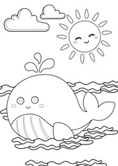 Whale Underwater Animals Coloring Pages A4 for Kids and Adult