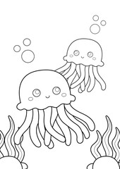 Jellyfish Underwater Animals Coloring Pages A4 for Kids and Adult