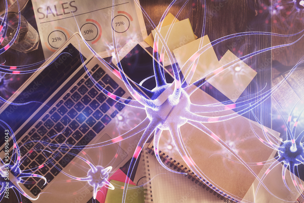 Aufkleber neuron hologram drawings over computer on the desktop background. top view. multi exposure. concept 