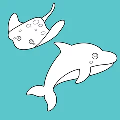 Tuinposter Whale and Stingray Underwater Animals Digital Stamp © peekadillie