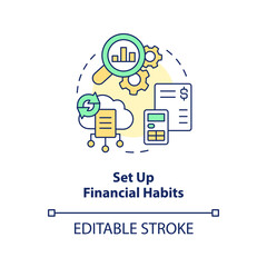 Set up financial habits concept icon. Managing small business finance guide abstract idea thin line illustration. Isolated outline drawing. Editable stroke. Arial, Myriad Pro-Bold fonts used