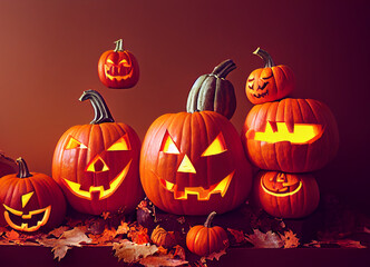 Fototapeta premium Halloween pumpkin scary jack o lantern, holiday season concept, Orange color, autumn, October spooky pumpkins design 