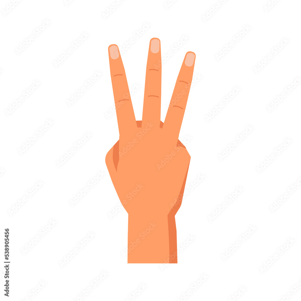 Poster Hand gesture, isolated arm showing raised fingers, nonverbal communication and signs. Counting or enumeration, presenting digits. Vector in flat style