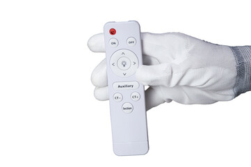Picture of a white remote control in hand (with clipping path)