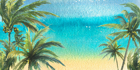 Coconut palms on the background of the sky and the sea. Watercolor illustration. A horizontal board made of a large set of CUBA. For the design and decoration of banners, summer, beach, information