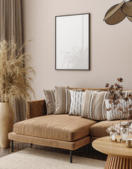 Frame mockup in living room interior background, 3d render