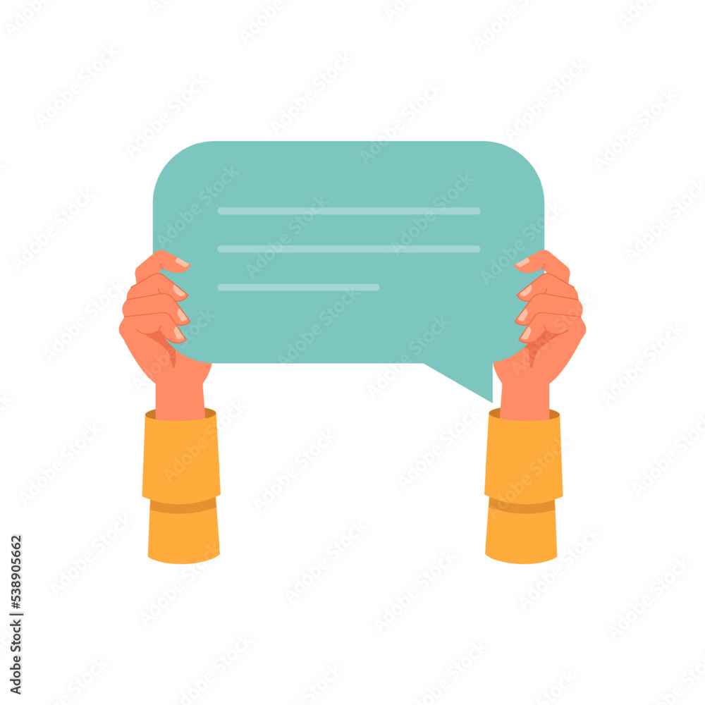 Poster speech bubble or chat balloon, isolated hands holding empty sign with copy space. expression of thou