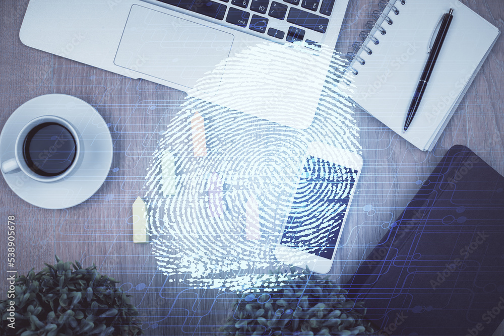 Poster Double exposure of finger print over table with phone. Top view. Concept of mobile security.