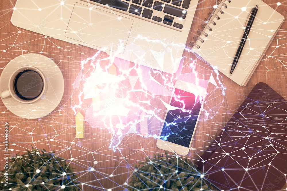 Aufkleber multi exposure of brain drawing over work table desktop. top view. global data analysis concept.