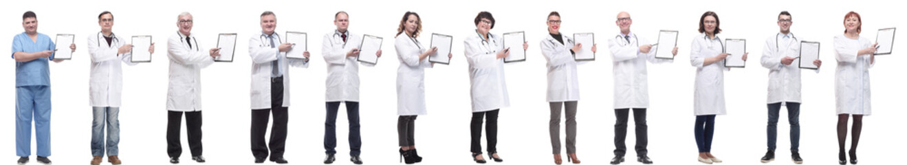 full length group of doctors with notepad isolated