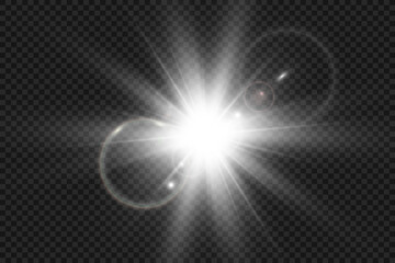 	
Special lens flash, light effect. The flash flashes rays and searchlight. illust.White glowing light. Beautiful star Light from the rays. The sun is backlit. Bright beautiful star. Sunlight. Glare.	