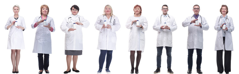 group of doctors holding jar isolated on white