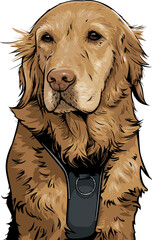 Golden retriever dog looking calm and peaceful into camera isolated on white background