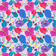 Fototapeta na wymiar Beautiful seamless pattern of medium purple, frostbite, radical red color hibiscus flower, bright navy blue, caribbean green leaves with french violet, dark pastel green veins on thistle background.