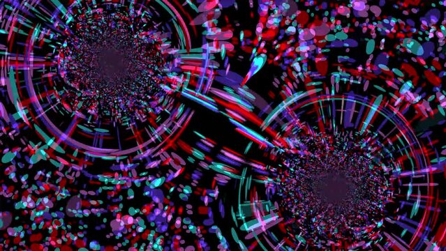 Two circle loop in Motion Animated bagground,
An endless two VJ tunnel of circle shaped mix colour  lights and black coming towards the viewer. A composition with a real retro feel. Loops seamlessly. - Powered by Adobe