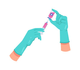 Vaccination in clinics, isolated hands in gloves filling syringe with vaccine. COVID healthcare and preventive measures for immunity. Vector in flat cartoon style