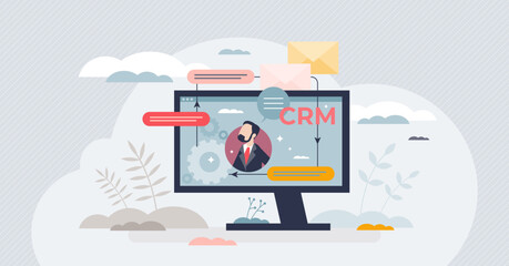CRM system or customer relationship management software tiny person concept. Business tool for marketing and sales database and control vector illustration. Organization interaction administration. - obrazy, fototapety, plakaty