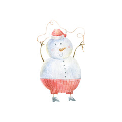 Watercolor  illustration of snowmen. Winter holidays cartoon isolated cute funny snowman card design. snowy festive season christmas, x mas, new year