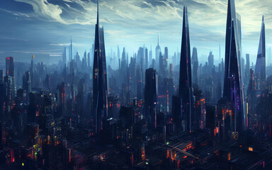 Futuristic night time cyberpunk city skyline cityscape. 3D rendering
