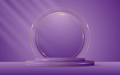 Purple podium has a purple round shape and gold lines on the back for product presentation. Cosmetic product display. vector illustration
