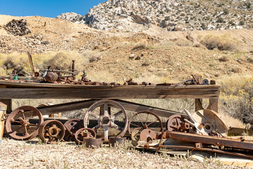 View of the abandoned mining town of Cerro Gordo near the Sierra Nevada Mountains of rural California, USA. - 538907841