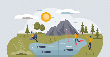Limnology study as inland water and aquatic nature research tiny person concept. Lake, river, reservoir and wetlands scientific investigation to inspect geological characteristics vector illustration.