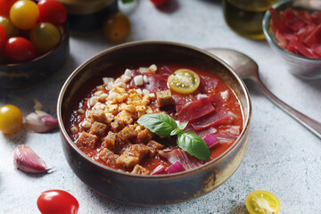 Spanish traditional tomato soup salmorejo