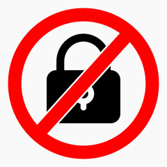 No lock. Not closed. Lock ban. Remove restrictions. Vector icon.