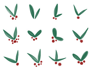 Vector Christmas set of illustrations of holly branches. Sprigs of holly with red berries and green leaves. Christmas decorations. Design elements of holiday decoration, greeting cards.