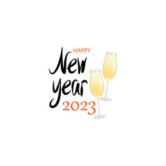 Happy New Year and Merry Christmas 2023.Holiday template, banner illustration, postcards.Two glasses of champagne and a handwritten text.Vector illustration.