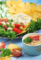 Hummus with vegetables salad and nachos	