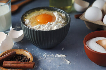 Food ingredients for baking: flour, eggs, milk, sugar