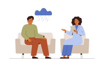 Psychologist talk to patient at mental therapy session. Young man in depression receives aid from counselor. Doctor helps a sad male to get rid of anxiety or stress.  Vector illustration