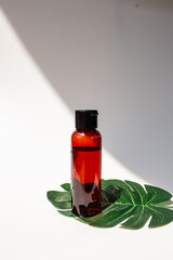Brown Skincare Bottle with Leaf. Organic Natural  Beauty Product. Herbal Alternative Medicine. Beauty Cosmetic.