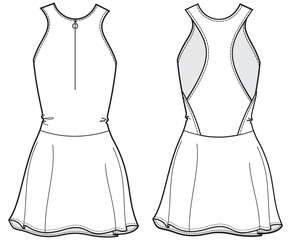 womens racerback tennis golf dress fashion flat sketch vector illustration. front and back view technical drawing template.