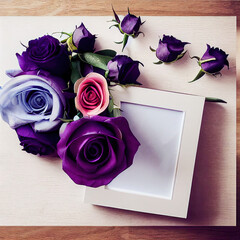 Elegant, romantic Theme Copy Space. Flat Lay Overhead Shot. Light Wood Table with Colorful Roses