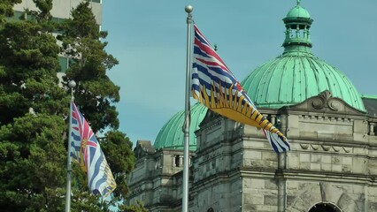 The parliament building with flag waving, city of Victoria
British Columbia, Canada, close up view, 2021

