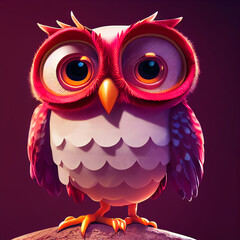 Super cute red anthropomorphic owl standing in front of gradient wall. CG artwork concept. 3D rendering