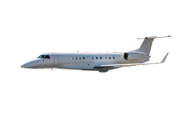White modern executive business jet flies isolated on transparent background