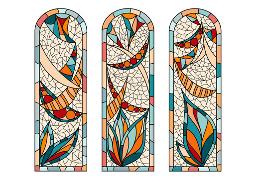 Stained glass windows in a Church. Set of three different pictures drawing in one style.