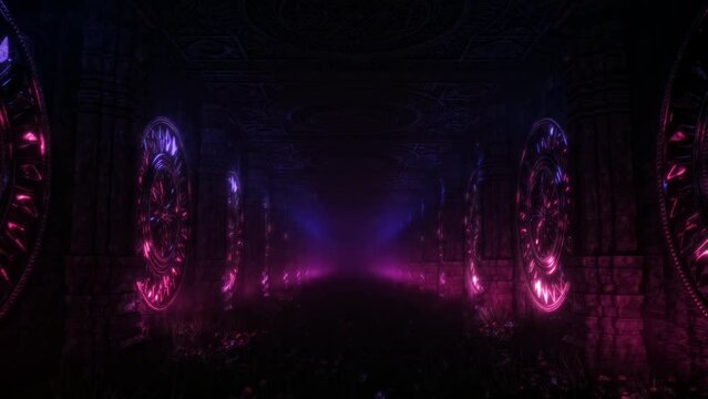 Trippy Tunnel with flickering blue and pink lights 3D pattern vj loop background 4k Digital Animation with mandala