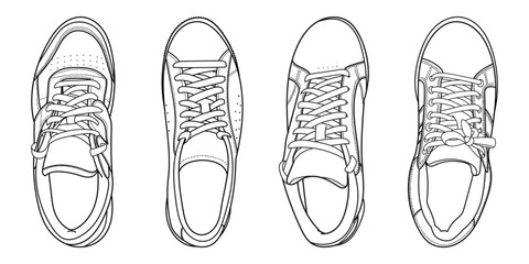 Fototapeta premium Set of diferent vector hand drawing illustration with sneakers, gym shoes top view. Doodle illustration