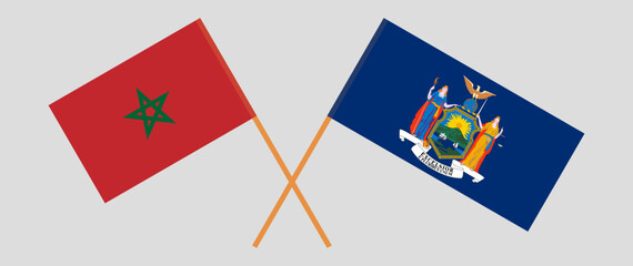 Crossed flags of Morocco and The State of New York. Official colors. Correct proportion
