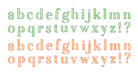 watercolor doodle alphabets, lowercase (green and orange)