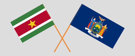 Crossed flags of Suriname and The State of New York. Official colors. Correct proportion